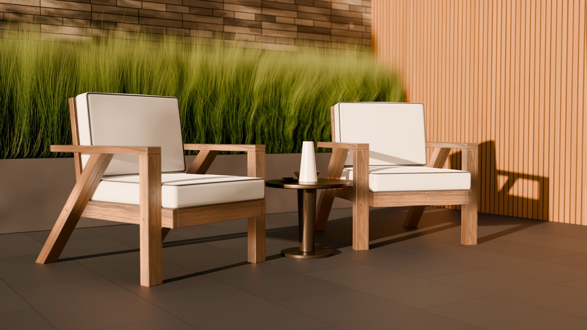 Two teak angled-leg lounge chairs on a dark patio in low golden light, lit from the front left