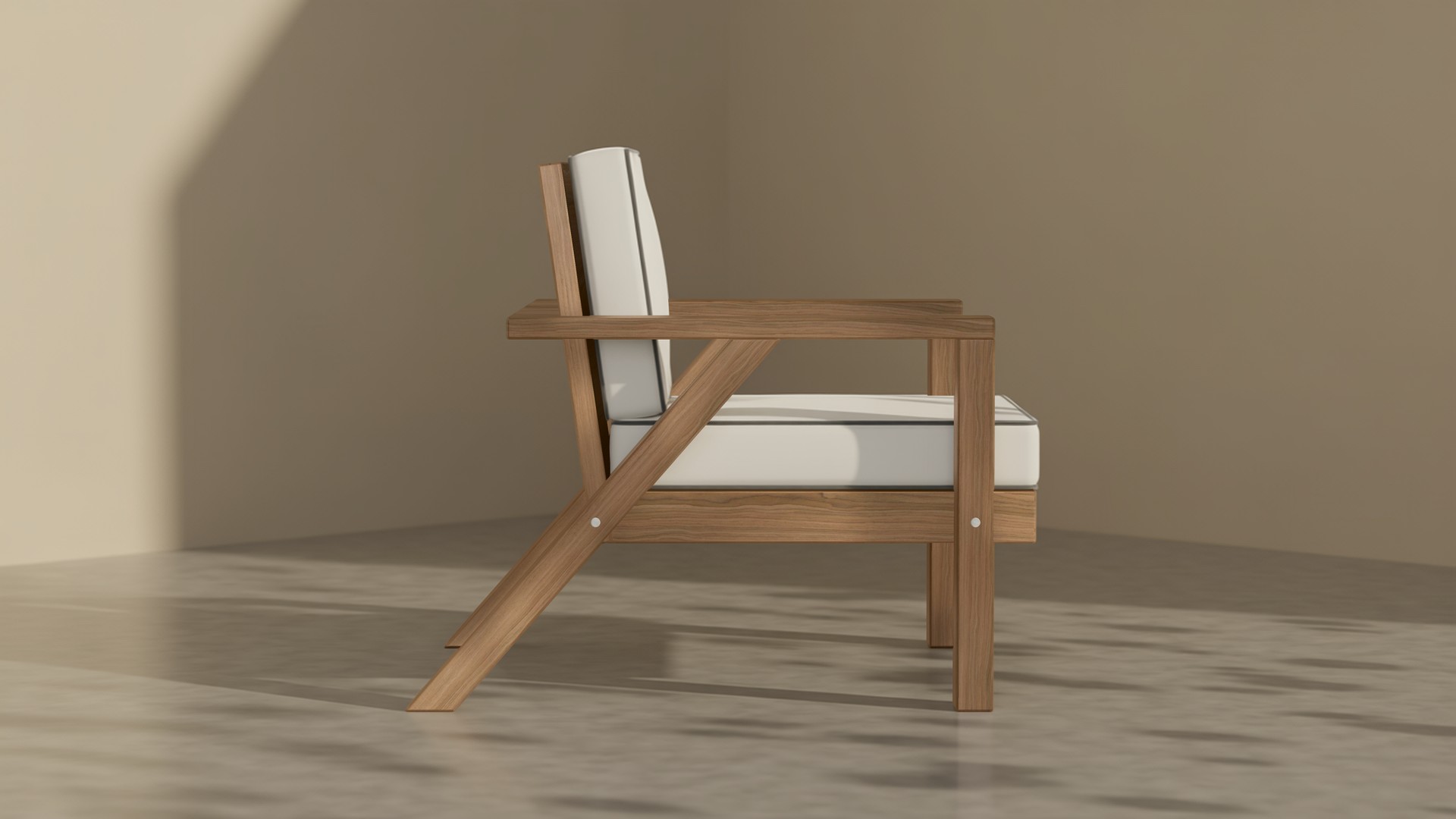 The lounge chair from the side, showing the raked back legs