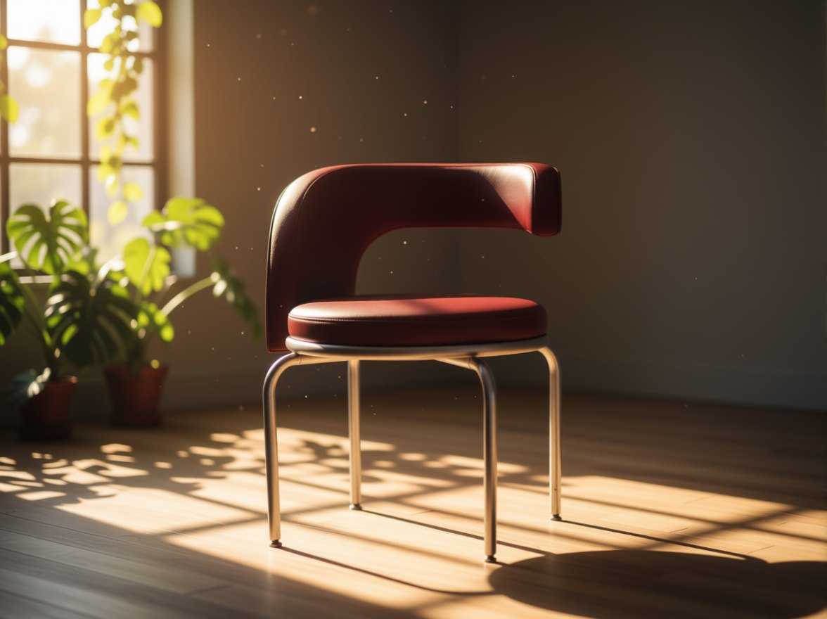 The Zest chair in oxblood leather in a sunlit room