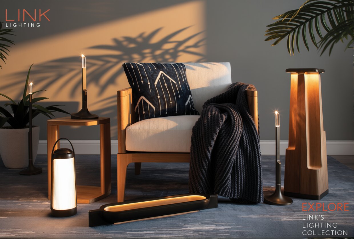 Lighting collection launch postcard: the lighting collection beside a lounge chair