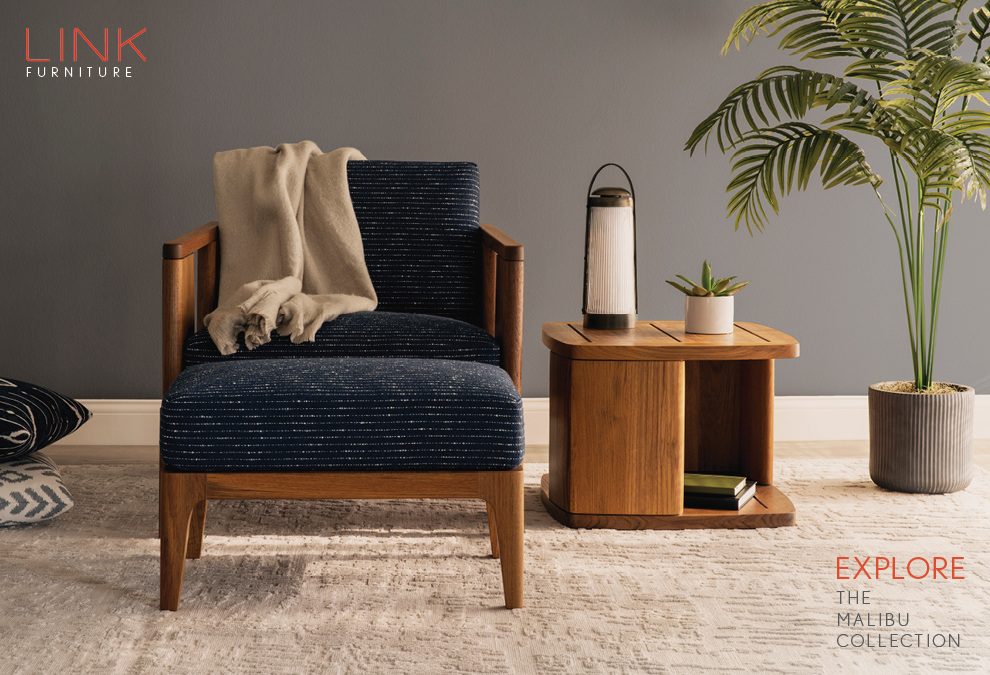 Press kit spread: lounge chair and side table in a sunlit room