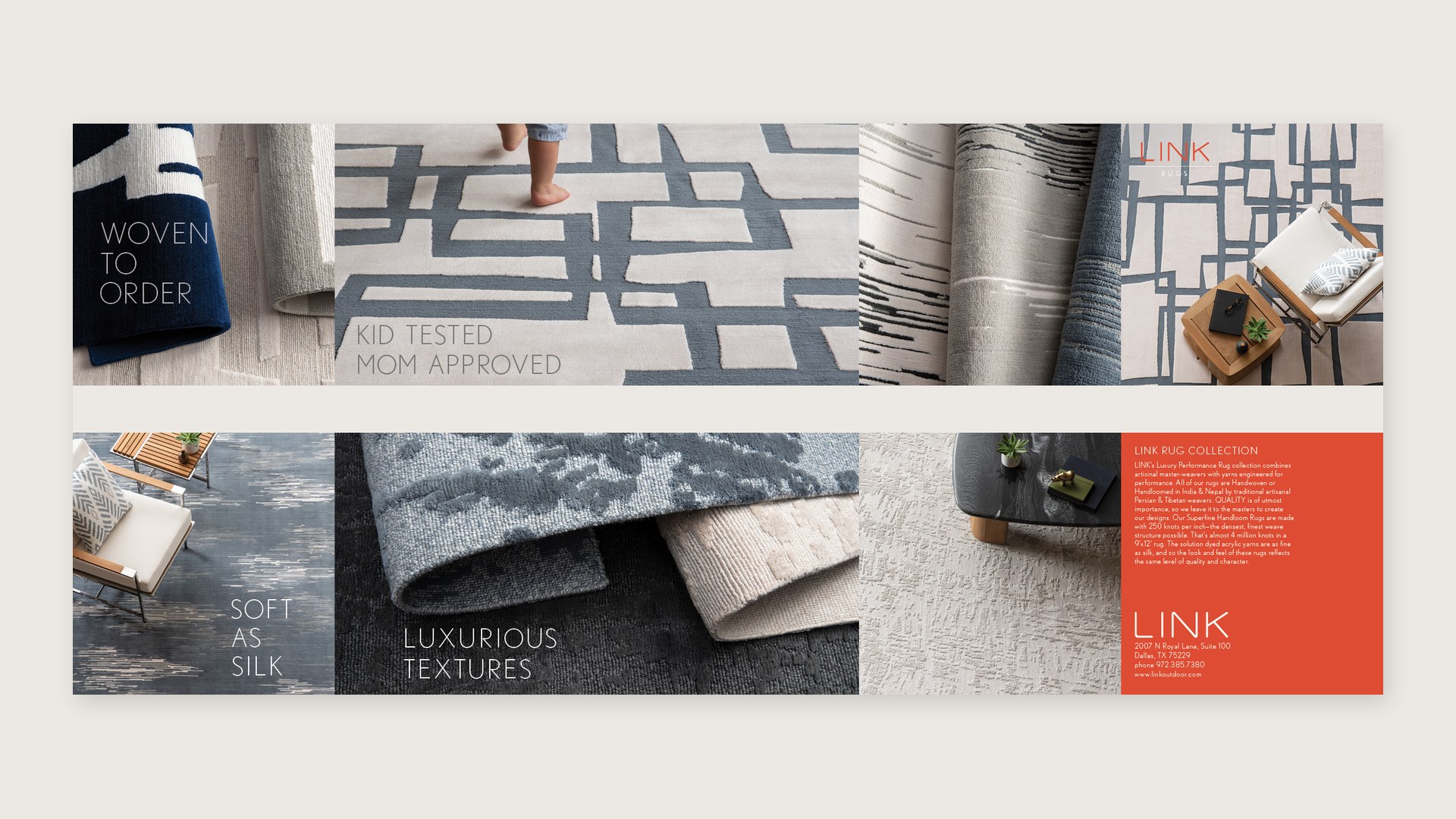 Accordion-fold promo for the rug collection, front and back