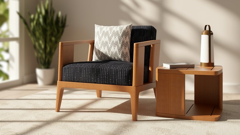 A LINK Outdoor lounge chair, side table and lantern styled on a rug beside a palm