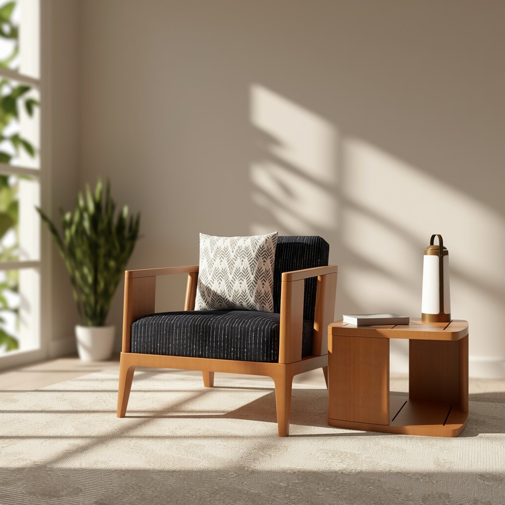A LINK Outdoor lounge chair, side table and lantern