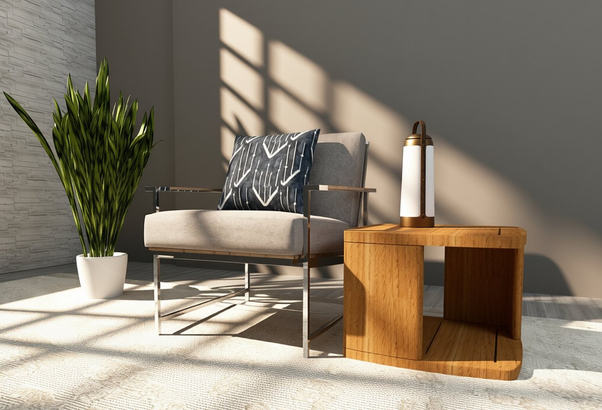 A lounge chair beside a teak side table and lantern, in afternoon sun