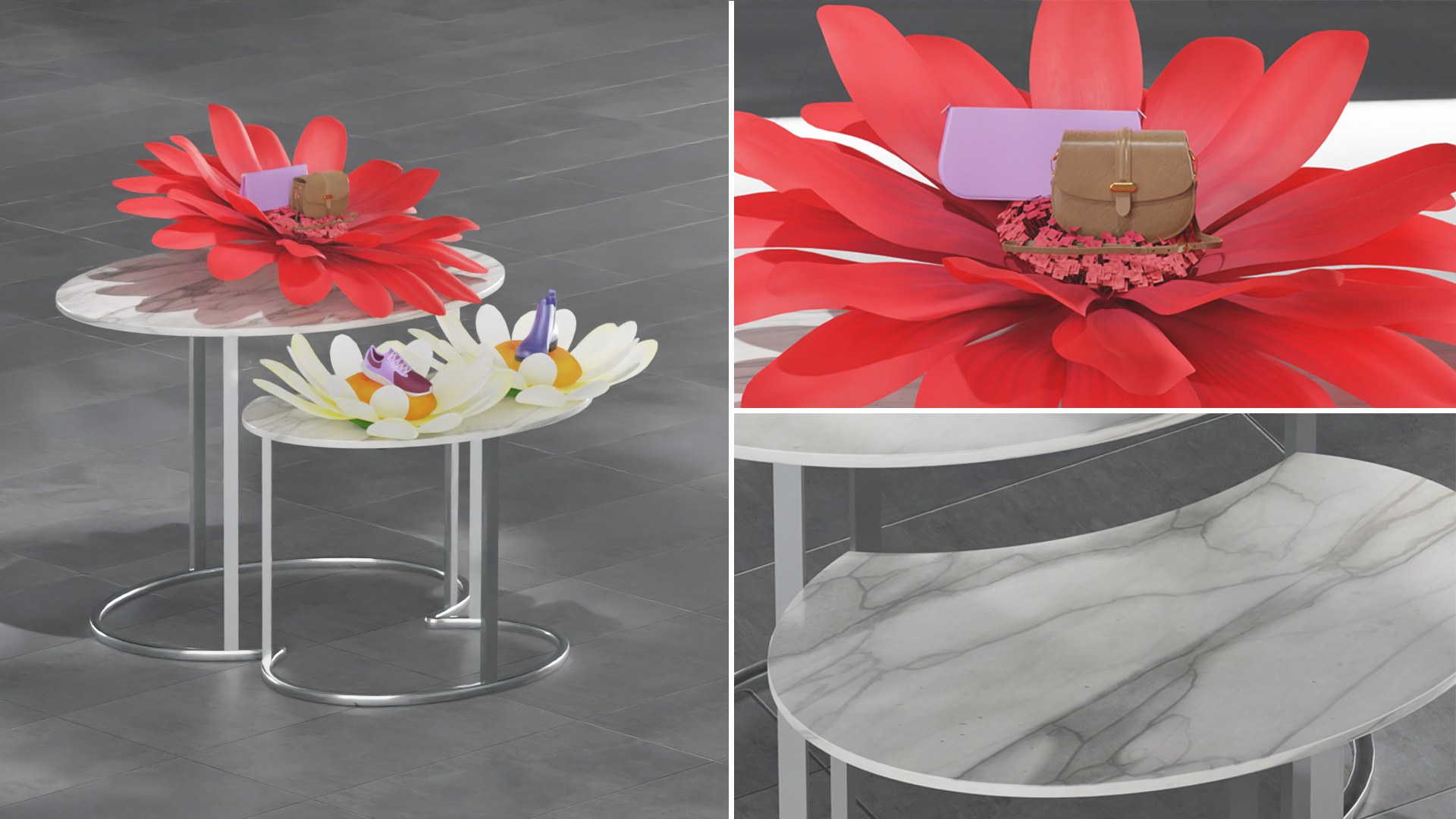 Rendering of a seasonal flower display on the tables