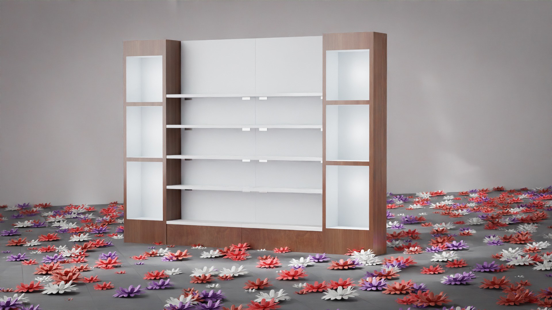 Rendering of the lit wall shelving unit