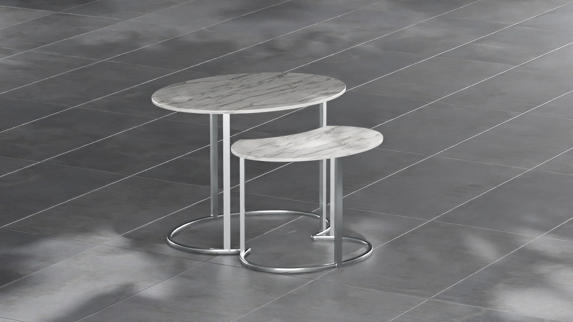 Rendering of round nesting display tables with marble tops