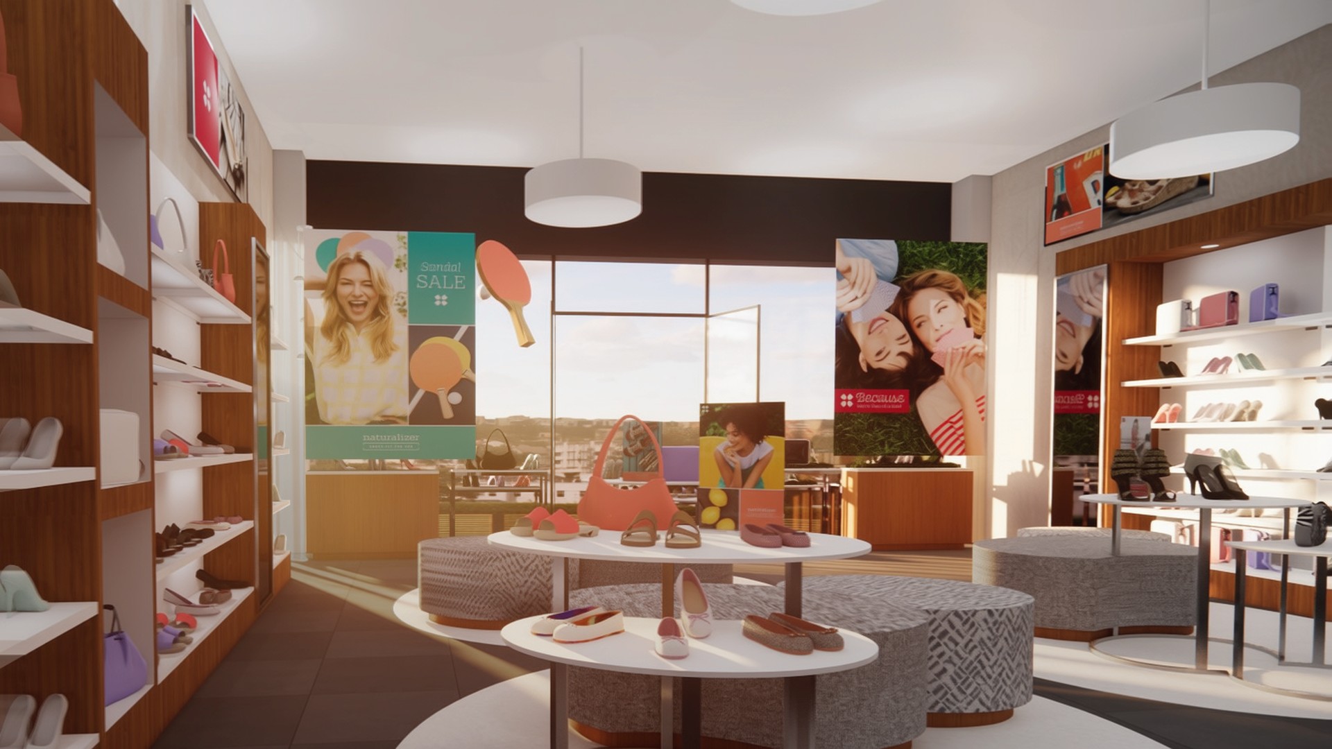 Rendering of a Naturalizer store interior: round display tables, lit wall shelving and late-afternoon light from the front window
