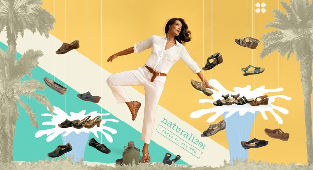 Window concept: a model leaping among floating shoes and a paint splash
