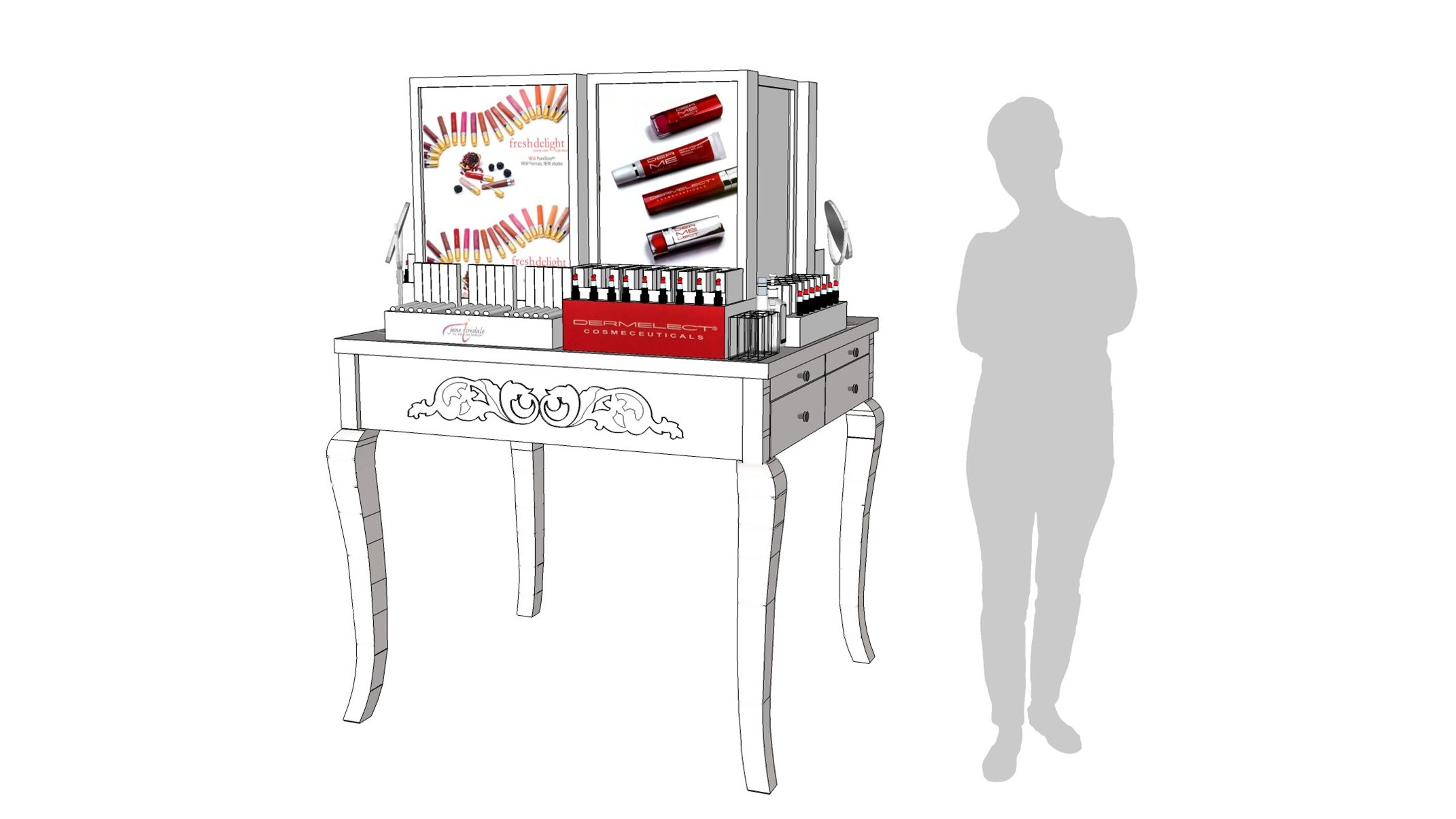Design model of the Lip Lab table with its product displays and a figure for scale