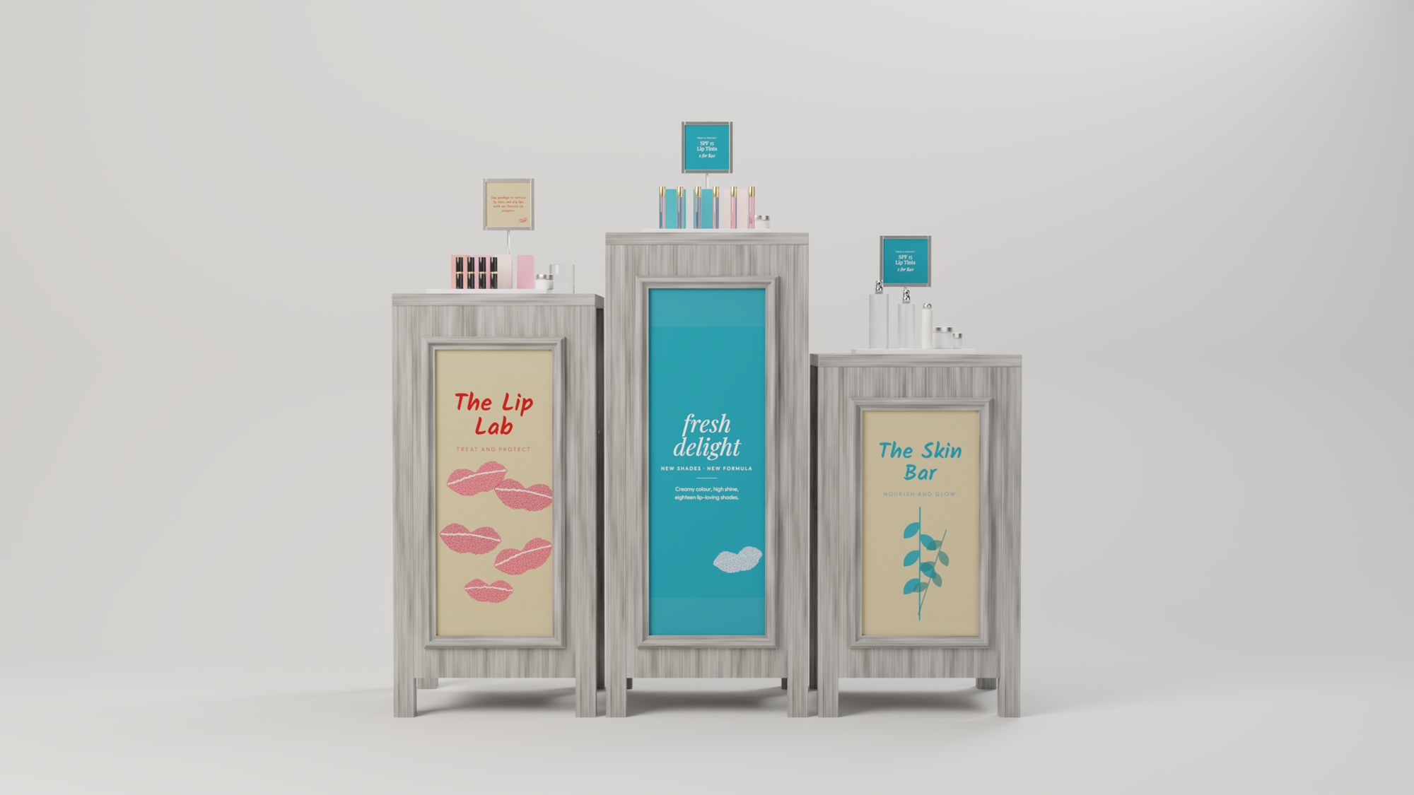 Front view of the three beauty pedestals