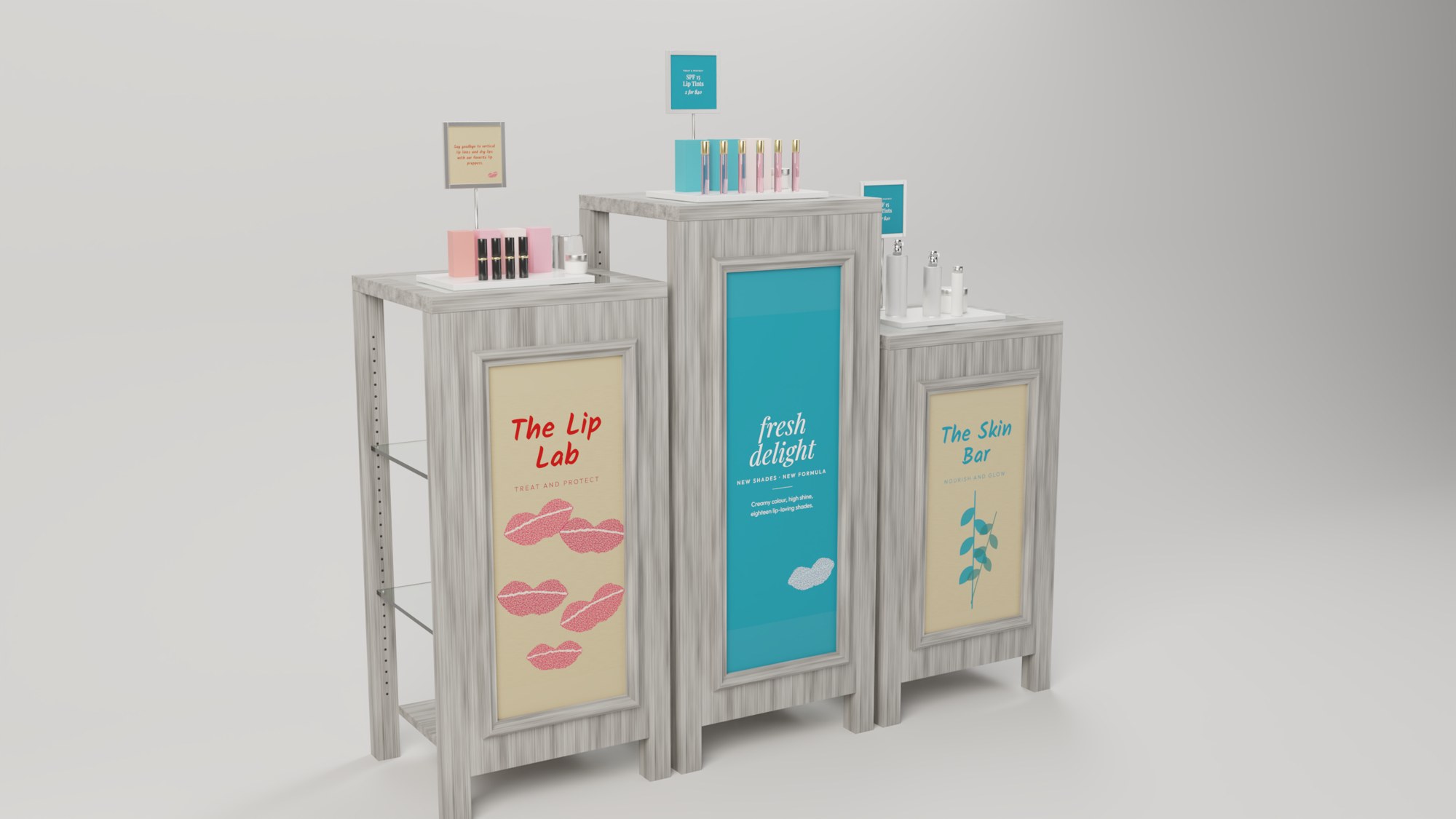 The three beauty pedestals in three heights, three-quarter view