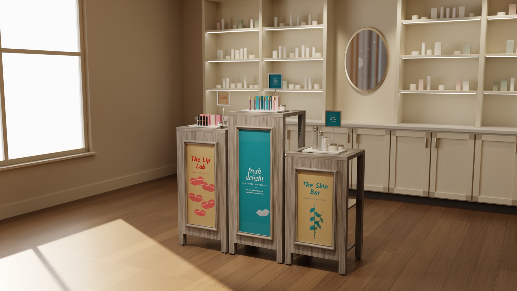 The three beauty pedestals at the entrance to a Soft Surroundings beauty area
