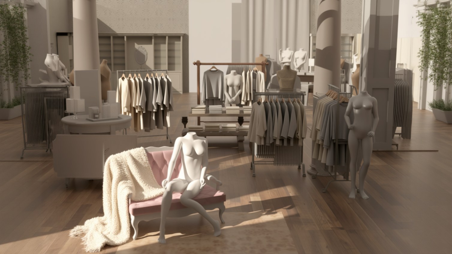 Store interior with a pergola, a tufted settee and a cream knit throw
