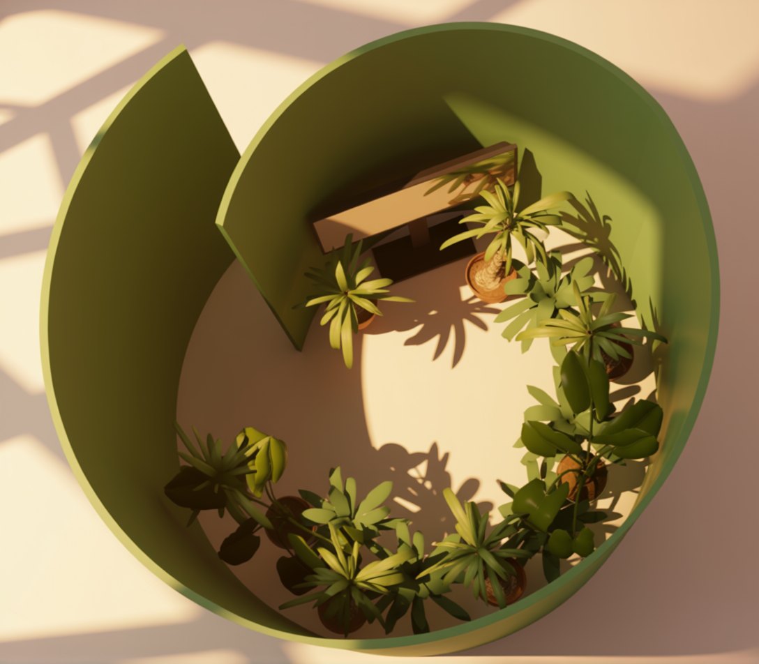 Overhead view of a circular planted meditation space