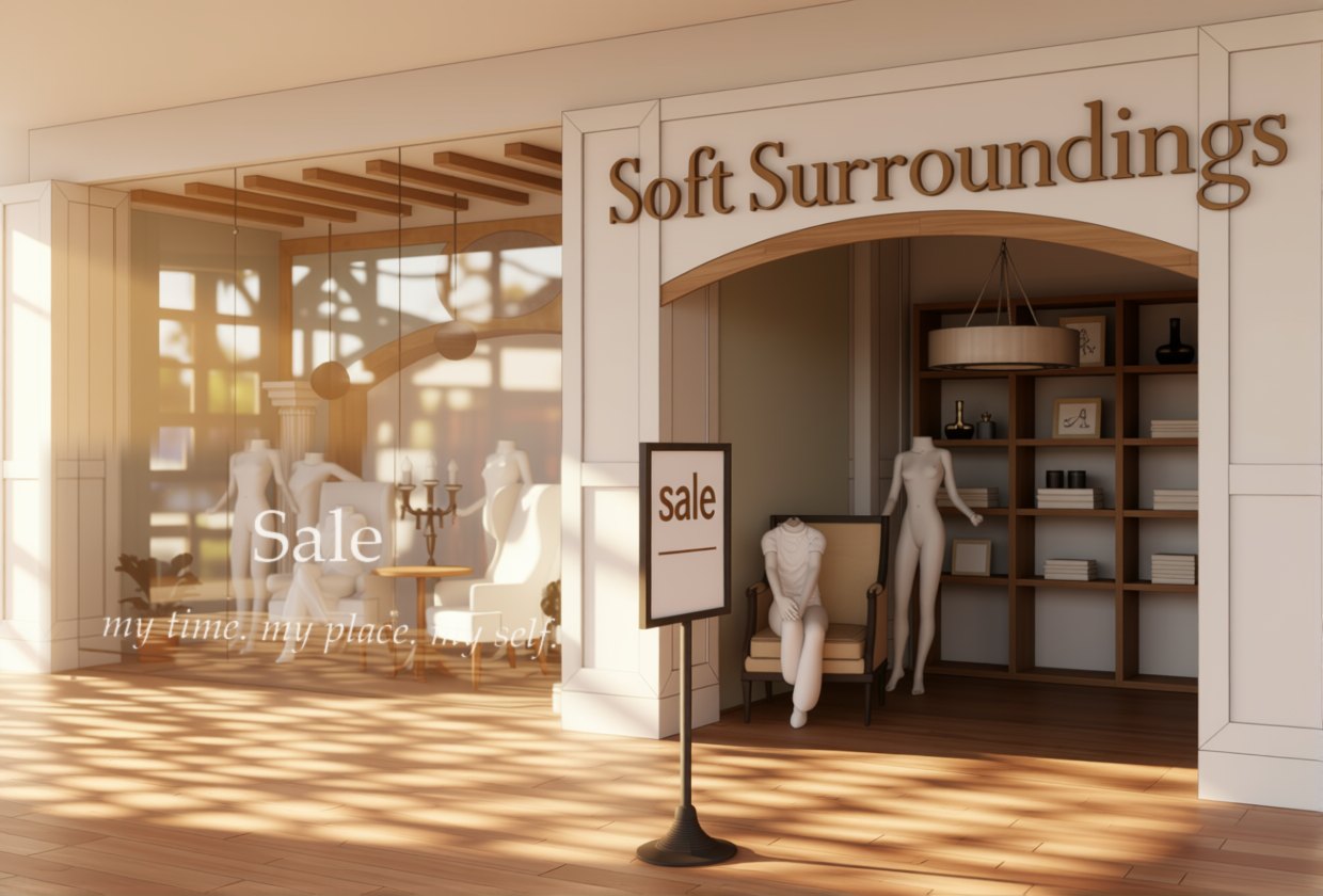 Soft Surroundings storefront with the Sale cling and 'my time. my place. my self.' on the window