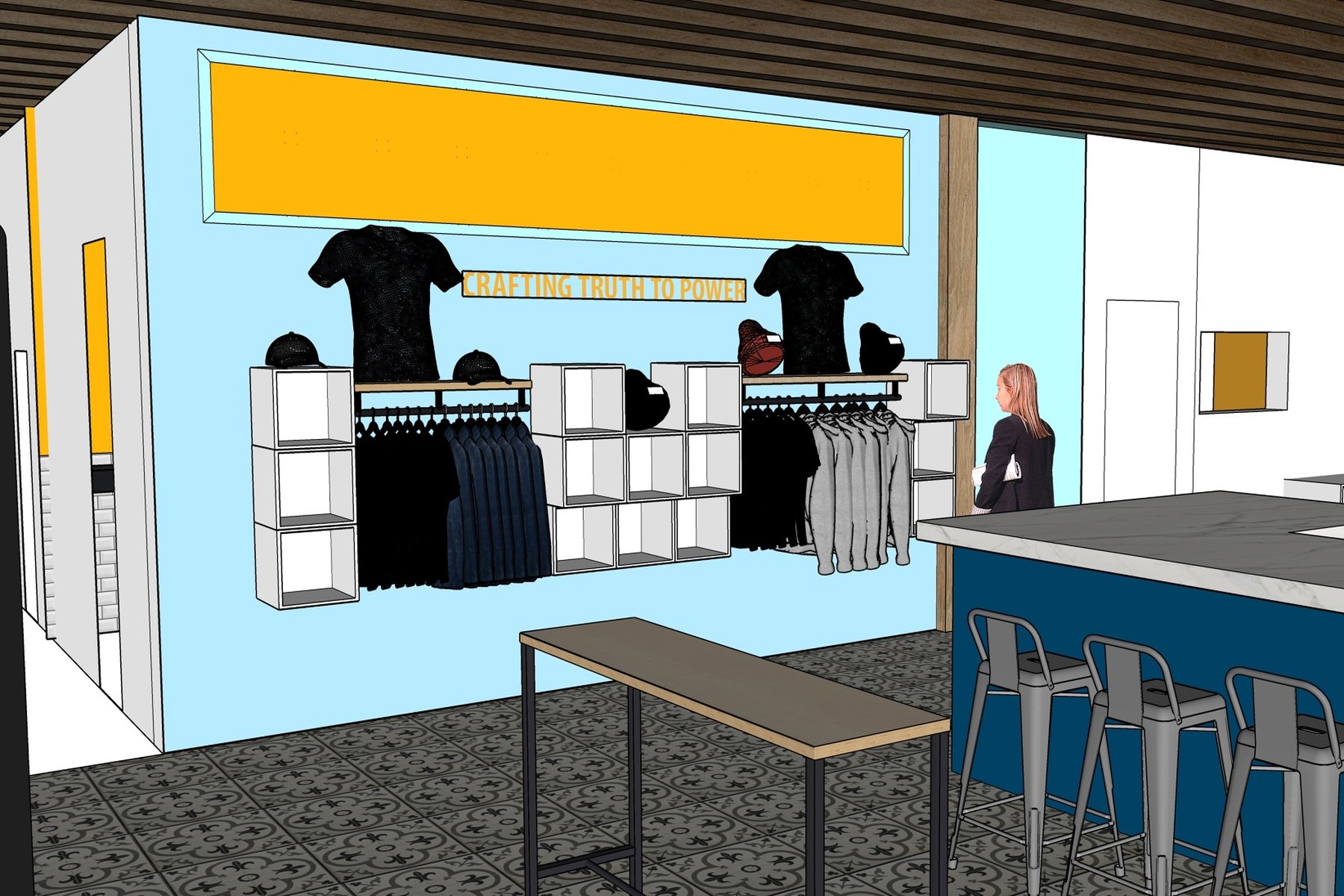 Rendering of the taproom merchandise wall: shirt racks, cubbies and the brewery sign