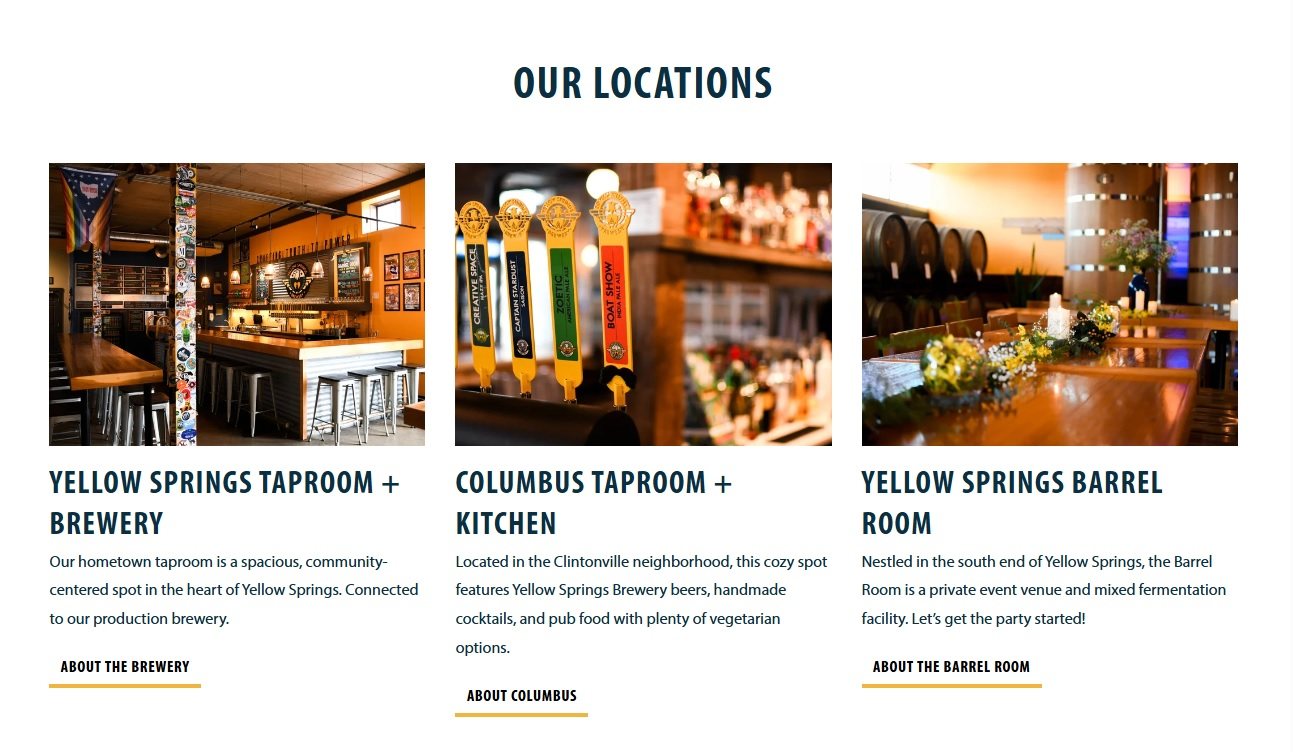 Redesigned website page listing the three brewery locations